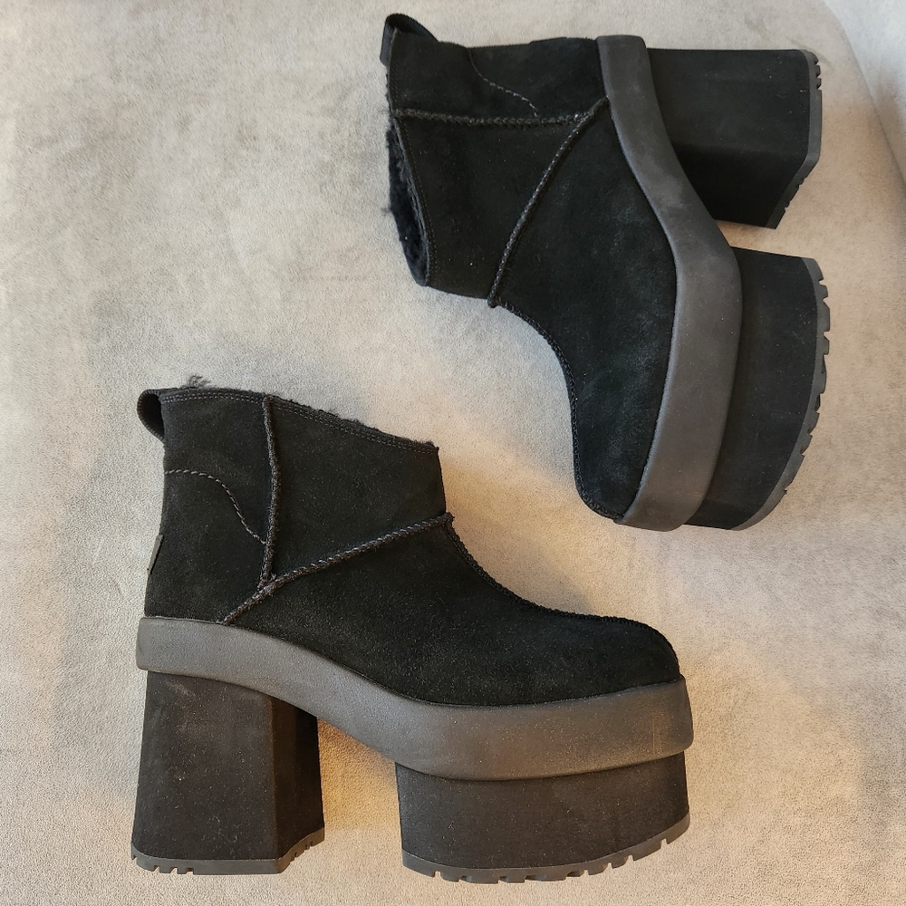 Ugg New Height Platform Mini boots women's 10 black suede sherpa chunky new $200